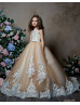 Beaded Ivory Lace Champagne Tulle Keyhole Back Flower Girl Dress